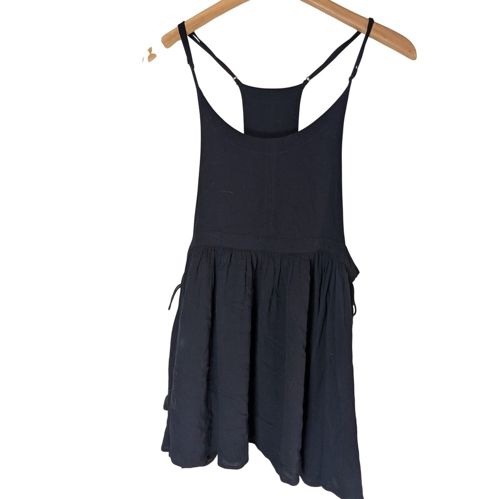 FREE PEOPLE Black Rayon Tassel Side Tie Swing Mini Slip Dress‎ Tunic Large